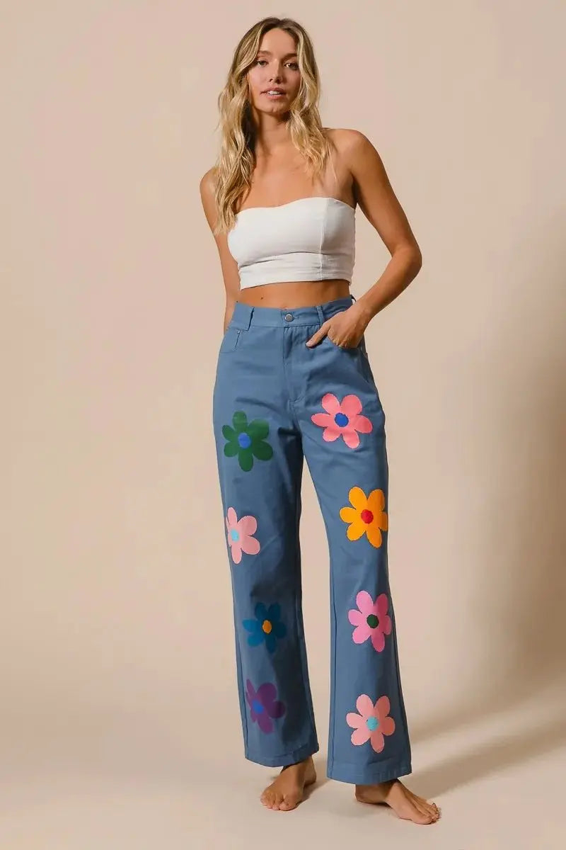 BiBi Flower Print Straight Legs Pants for Chic Style - Love Salve